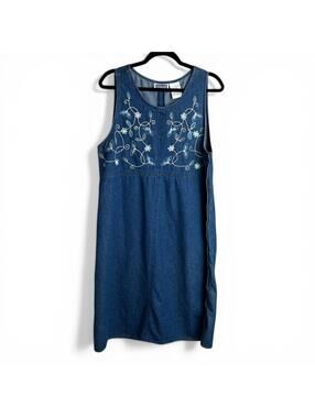 Vintage Denim Sleeveless Embroidered Dress with Side Buttons